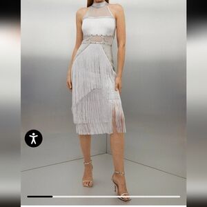 Karen Millen Foiled Bandage Fringe Halter Knit Midi Dress XS Festival London